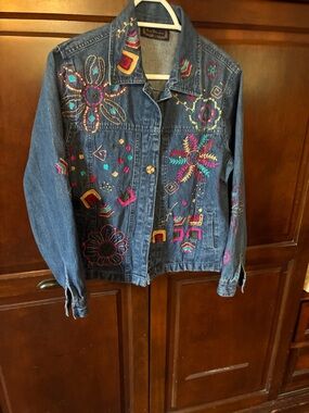 new directions Blue Denim Jacket with Bright Multicolor Embroidery